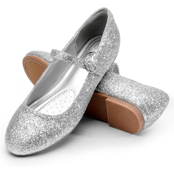 Trary Women Silver Glitter Leather Round Toe Ankle Strap Ballet Flats Shoes - Picture 1 of 6